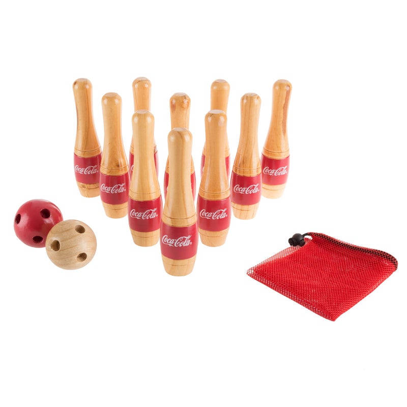 Coca-Cola Coca Cola Bowling Set â€“ Indoor and Outdoor Bowling Game for Adults and Kids â€“ 10 Wooden Pins, 2 Balls, and Mesh Carrying Bag by Hey Play (Red) - Image 4